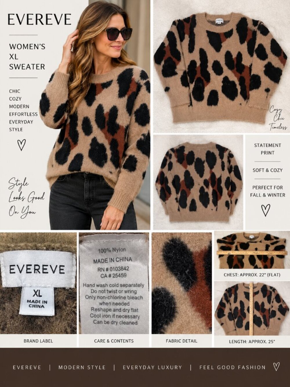 EVEREVE Women’s XL Leopard Animal Print Fuzzy Sweater Tan Black Brown